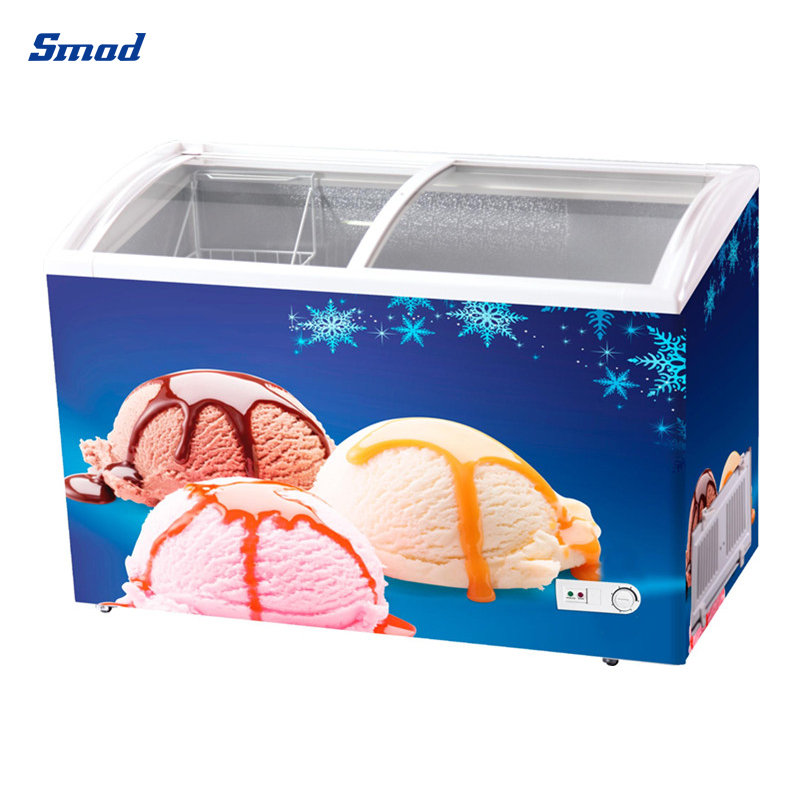 Smad 396L Curved Glass Door Ice Cream Display Freezer with Embossed Aluminum inner